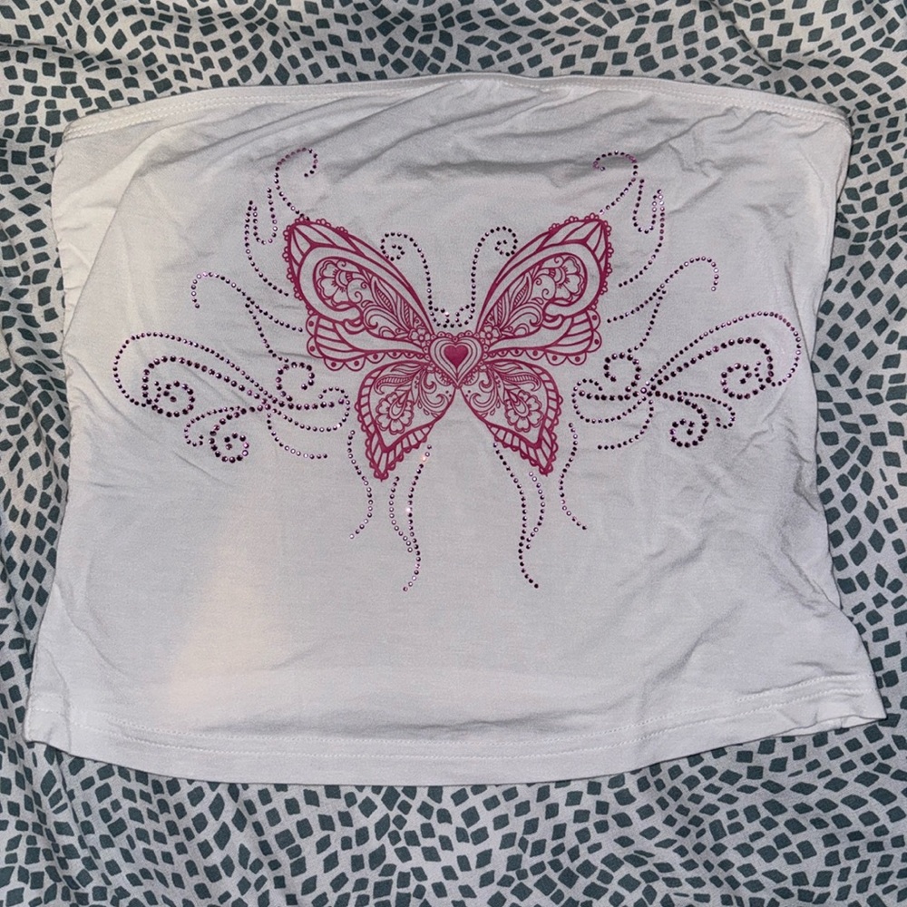 SHEIN ICON Butterfly Print Rhinestone Detail Tube Top